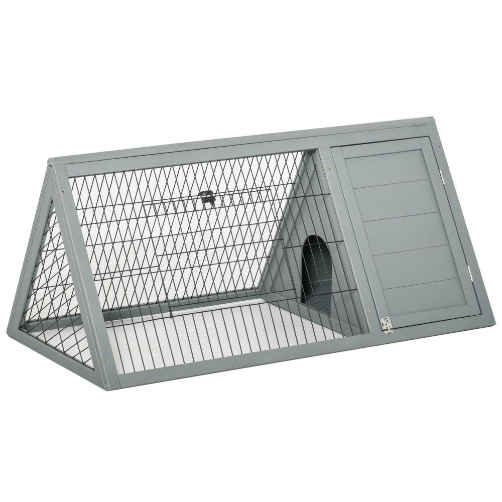 PAWHUT Clapier triangulaire de sol enclos extérieur niche double porte dim. 116l x 62l x 52,5h cm métal bois sapin gris