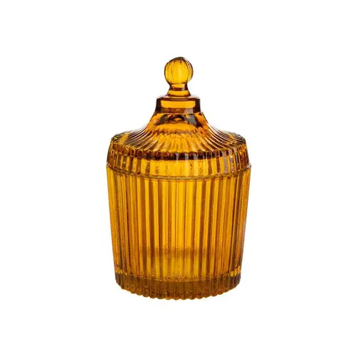 Une touche jardin：Boîte ronde décorative en verre fumé ocre strié - Ø 9,5 x H 15 cm