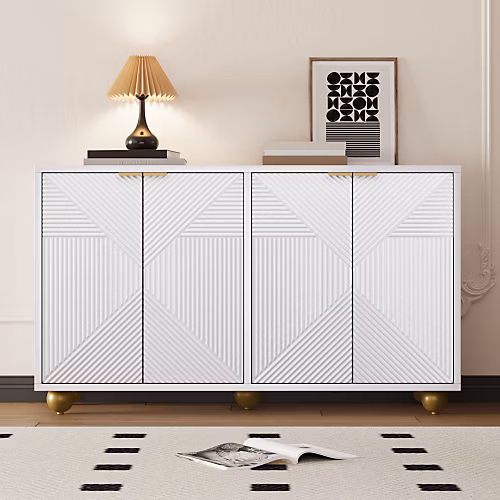 Buffet 120x35x71.5 cm – Avec 4 portes | Étagères réglables | Poignées en métal et pieds sphériques | MDF | Blanc