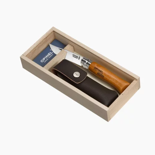 Solution utile:Plumier avec couteau inox, manche olivier et son étui n°8 Opinel