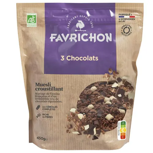 L’allié du jardin：Muesli croustillant 3 chocolats bio Favrichon - 450 g