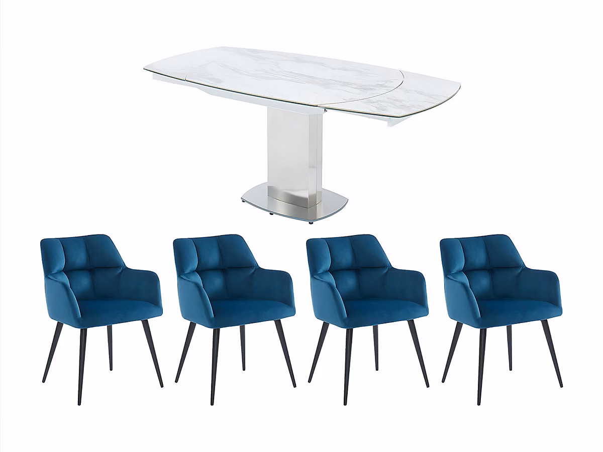 Ensemble table TALICIA + 4 Chaises PEGA – Blanc et bleu
