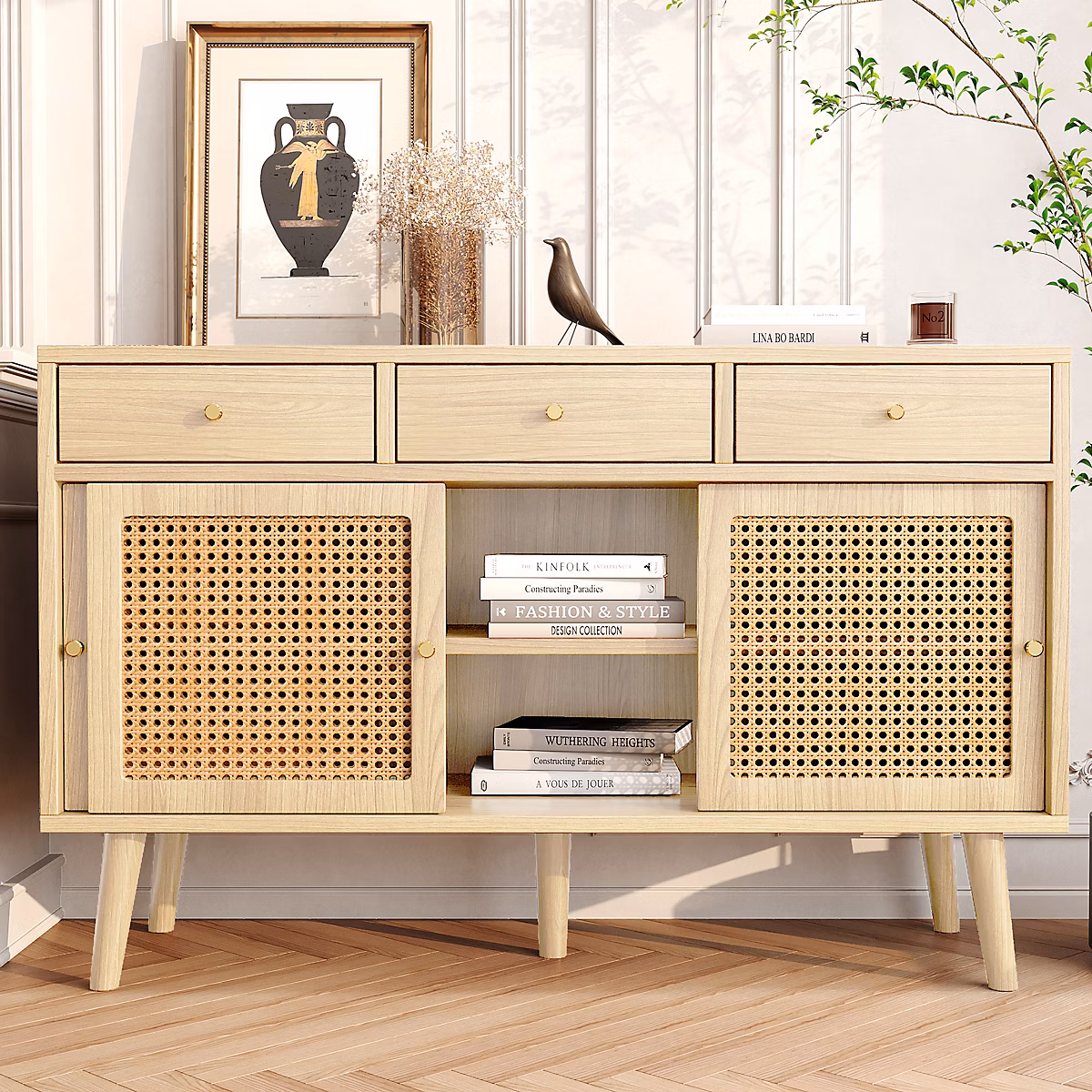 Buffet Moderne en Bois avec 3 Portes Coulissantes et 3 Tiroirs | Cannage en Rotin et Étagères Réglables – Style Scandinave – Naturel