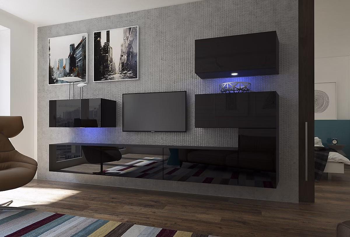 Ensemble meuble TV NEXT 123 AN123 – 17B, HG20, 1B noir brillant 302 cm