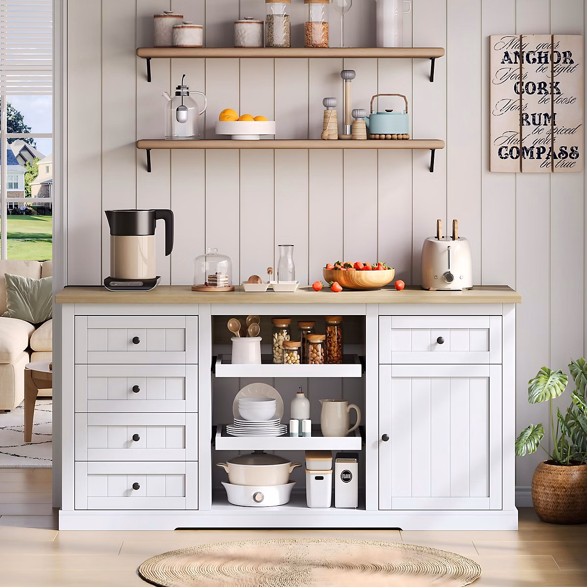 Meuble de cuisine – Buffet 150 cm blanc et décor bois avec rallonge pliante et prises intégrées