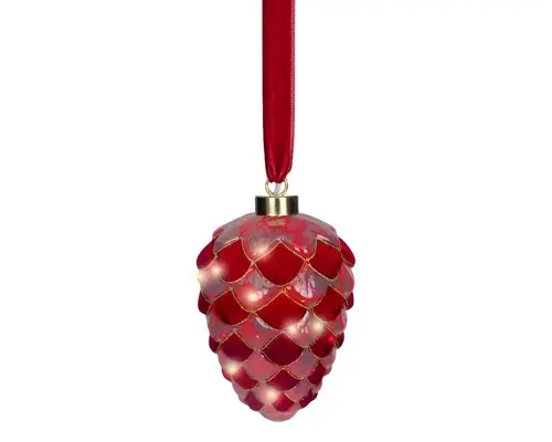 Moderne jardin:Pomme de pin en verre rouge à micro LED blanc chaud - Ø 15 x H 21,5 cm