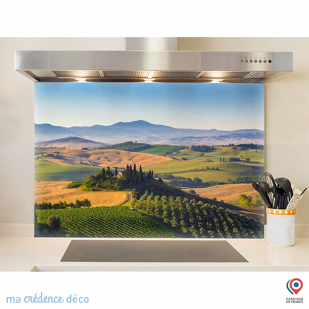 Crédence cuisine fond de hotte Toscane et paysage | Verre trempé – L 90 cm x H 60 cm – MaCrédenceDéco