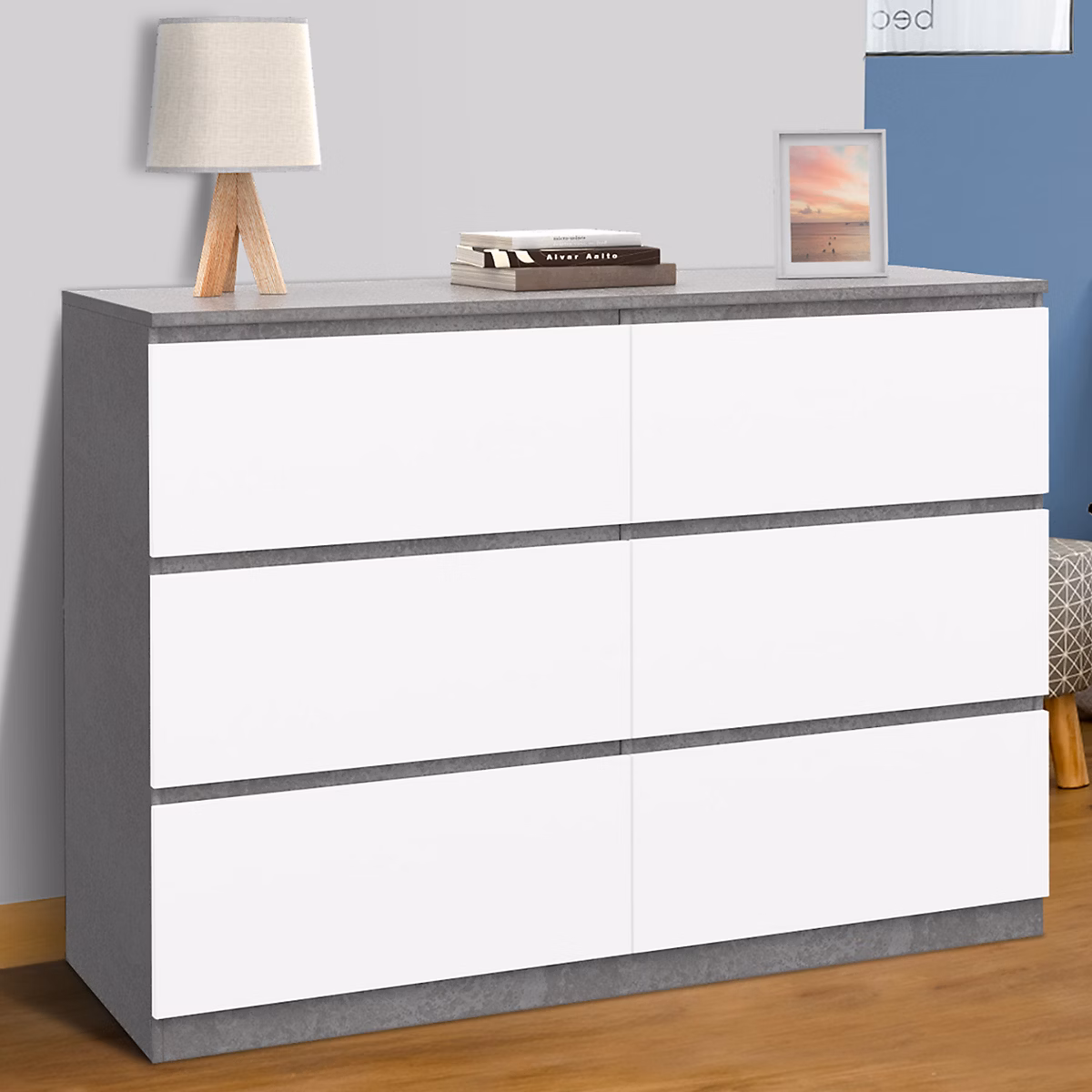 Commode 6 tiroirs TOMI 110 cm blanc et effet béton – Réf. OXWCJOJWI3160951532