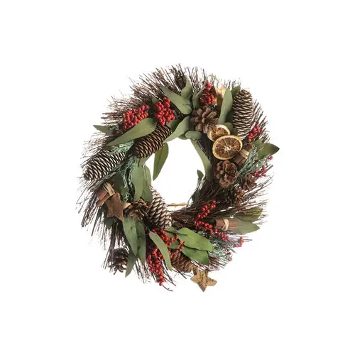 Pour mieux aménager votre jardin：Couronne artificielle feuillage et pommes de pin décorée de fleurs séchées rouges - Ø 45 cm