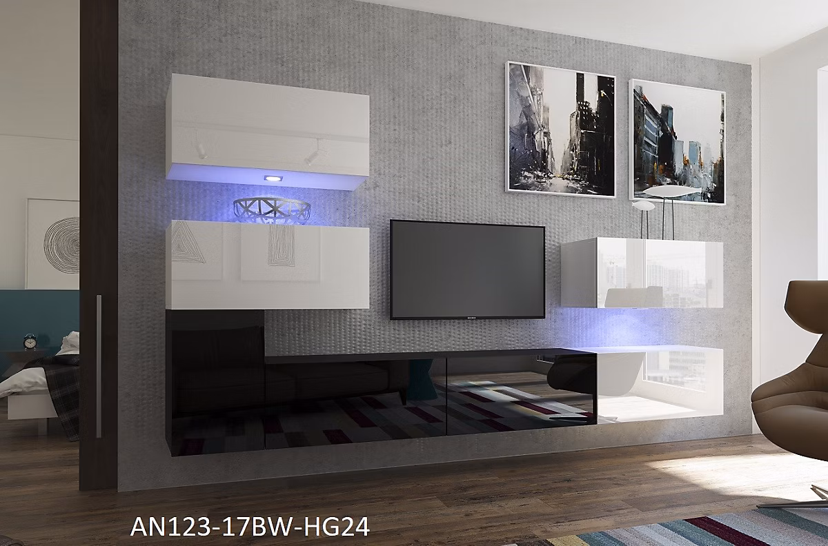 Ensemble meuble TV NEXT 123 AN123 – 17BW | HG24 | 1B blanc | noir brillant 302 cm