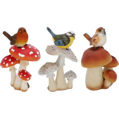 Champignons assortis avec oiseau en polyrésine (Lot de 3) (Taille S)