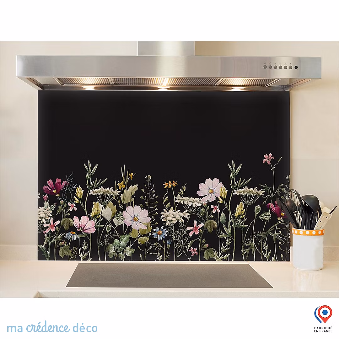 Crédence cuisine fond de hotte Dessin fleurs et aquarelle 1 – Verre trempé, L 60 cm x H 45 cm, MaCrédenceDéco