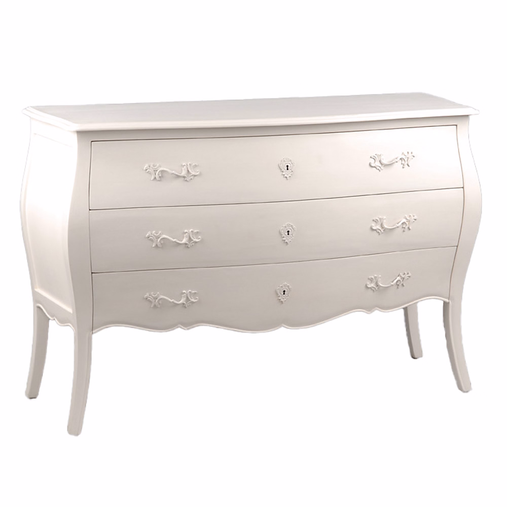 Meuble – Commode longue 3 tiroirs en acajou blanc cassé L120 cm Murano