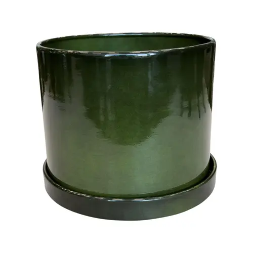 Idée au jardin：Soucoupe pour pot cylindrique coloris vert en métal recyclé - 28,5 x 28,5 x 3,5 cm