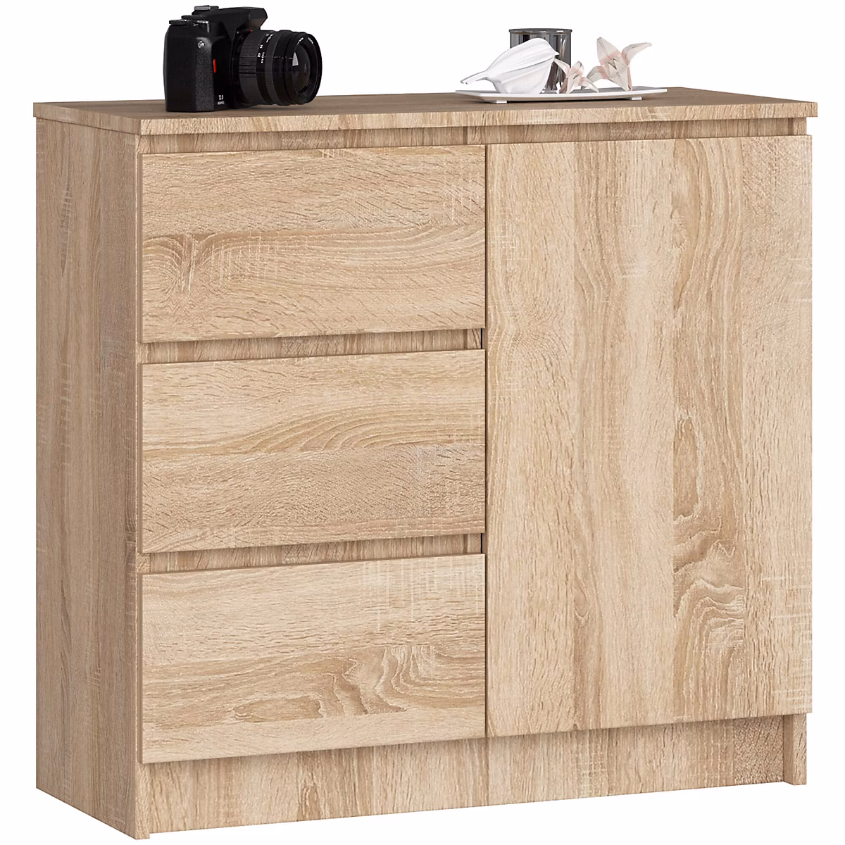 Commode AKORD JERRY Chêne Sonoma 80 cm 1 porte 3 tiroirs façade Chêne Sonoma 2 étagères 80 × 35 × 77 cm