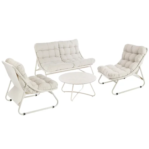 Jardin et déco:Salon de jardin en acier coloris beige Iris - 4 éléments (canapé, table basse et deux fauteuils)