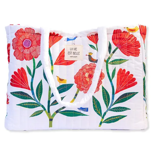 Espace vert essentiel:Grand cabas matelassé Cartesdart Pivoines - 46 x 15 x 36 cm