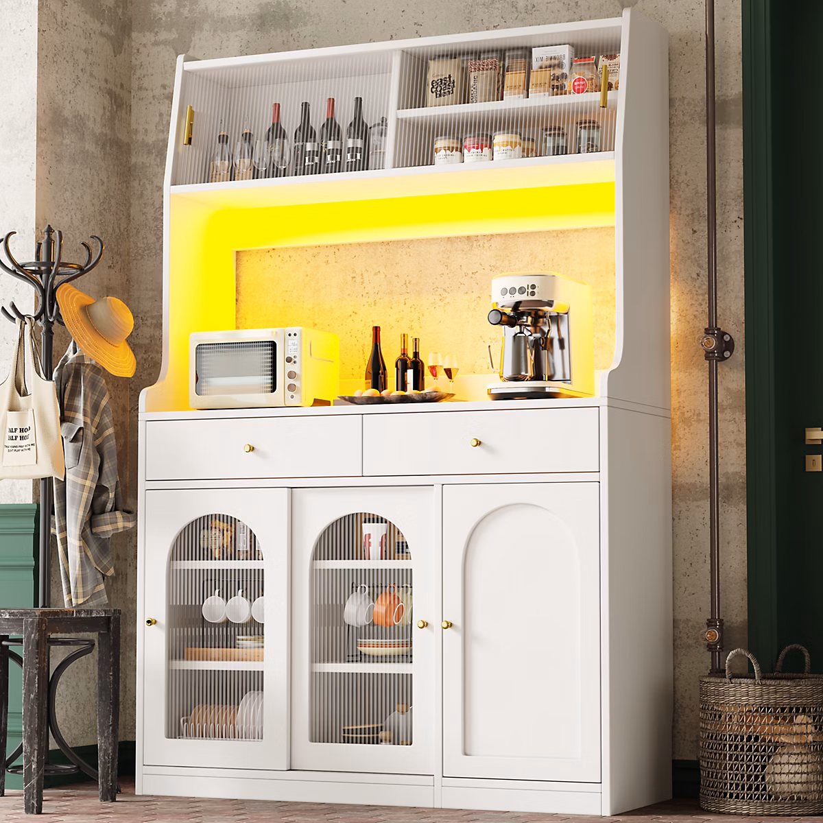 Buffet Haut avec Éclairage LED – Vitrine avec 2 Tiroirs et Étagères Réglables, Meuble de Rangement, MDF, Beige, 120 × 40 × 180 cm