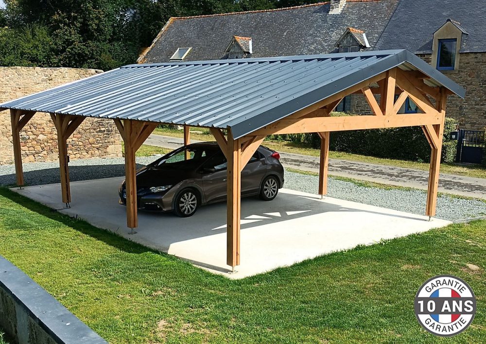 Carport 2 pentes faitage écalé – 600cm x 800cm, bois DOUGLAS Français (Charpente en bois-auvent-abri voiture)48 m².Garantie 10 ans