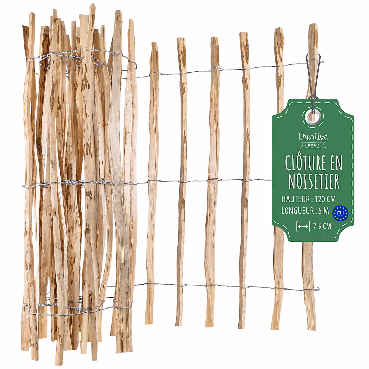 Creative Home Clôture en Bois de Noisetier – 120 cm x 5 m | Clôture en Rouleau avec Espacement de 7 | 9 cm | Bordure de Jardin