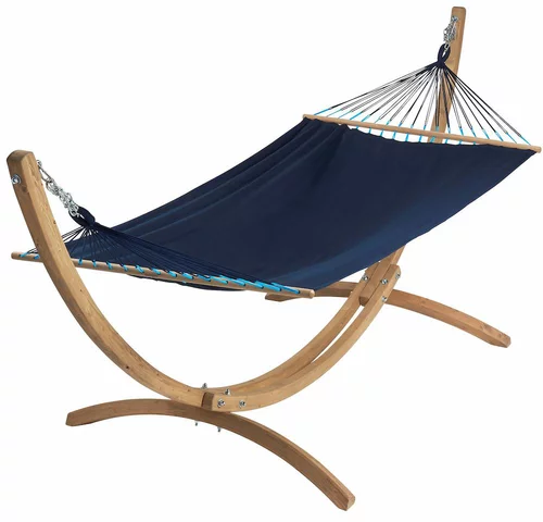À adopter au jardin：Set support et hamac EsKapade coloris bleu marine en bois et polypropylène certifié FSC® Jobek Hamacs - 323 x 125 x 128 cm
