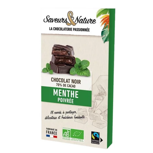 Une solution adaptée au jardin：18 carrés fourrés menthe enrobés de chocolat noir bio Saveurs et Nature - 80 g