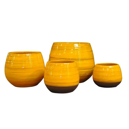 Extérieur adapté：Pot coloris ibiza sunshine en terre émaillée Les Poteries d'Albi Cancale - Ø 14 x H 14 cm