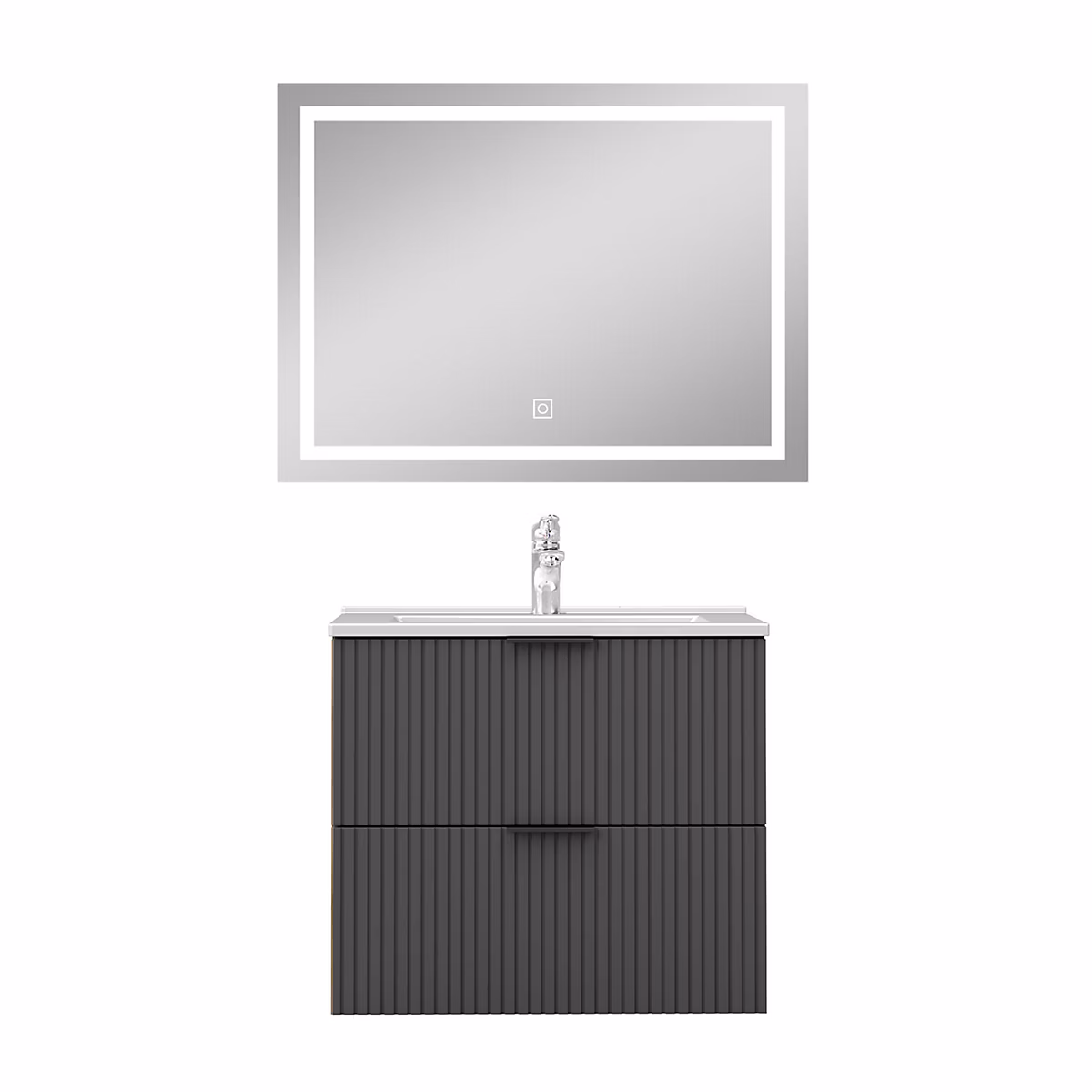 Ensemble Meuble Salle de Bain Suspendu 60cm Avec Miroir LED – 2 Tiroirs à Fermeture Douce, Simple Vasque,Design Fluted Anthracite