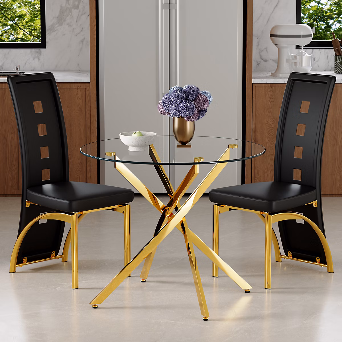 Ensemble table à manger 88 cm en verre trempé avec 2 chaises noires et métal doré – Réf. HJWGTRPYE2864343105
