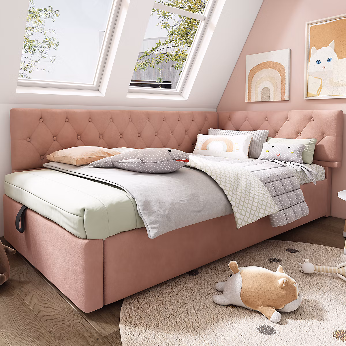 Canapé 3 places convertible 200 × 90 × 85 cm clic – clac en tissu, coffre de rangement, design contemporain