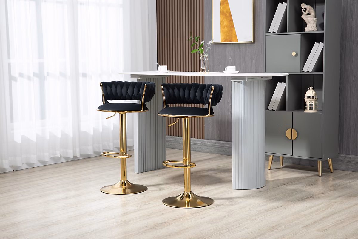 Chaises de Bar 2 Pièces – Tabouret de Bar Pivotant et Réglable en Hauteur avec Dossier | Velours Doux | design Contemporain | Noir