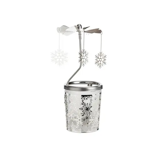 Pour un jardin agréable：Carrousel photophore en métal argenté avec flocons - H 12 cm