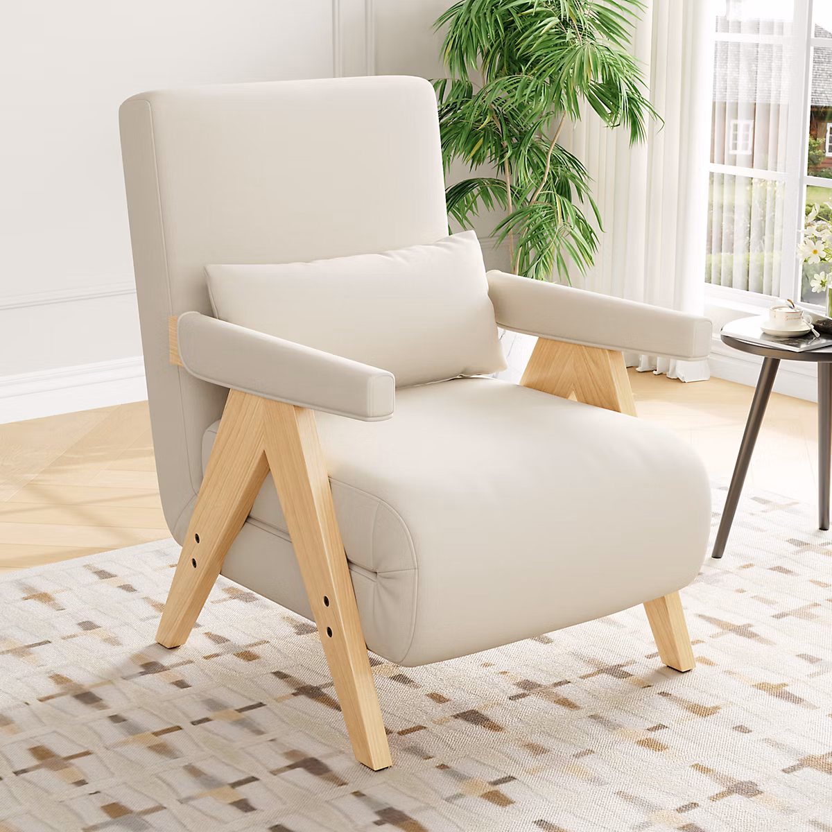 Canapé 1 place convertible en tissu lin beige – dossier 6 positions et coussin lombaire | assise large en mousse haute elasticite