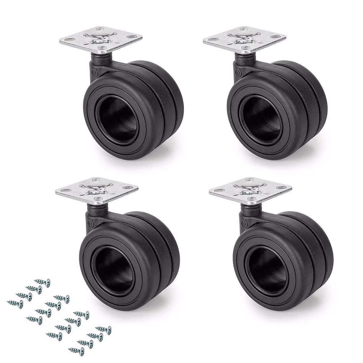 Emuca Lot de 4 roulettes Hole avec plétine de montage – diamètre 65mm, Acier, Peint en noir et Plastique