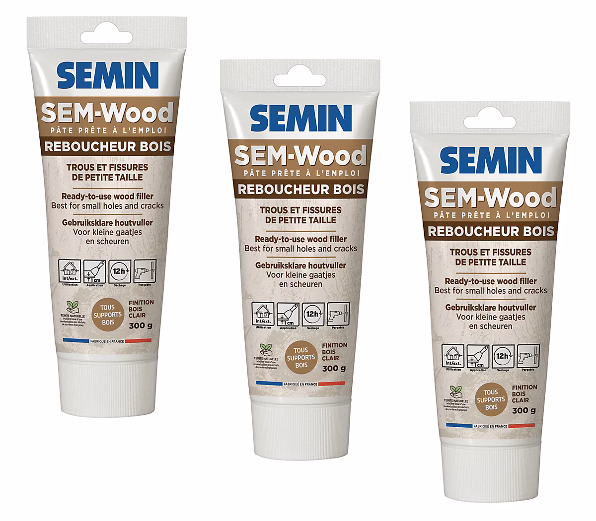 3 Reboucheurs Bois – Sem Wood Semin, Intérieur/extérieur, Tube de 300 g