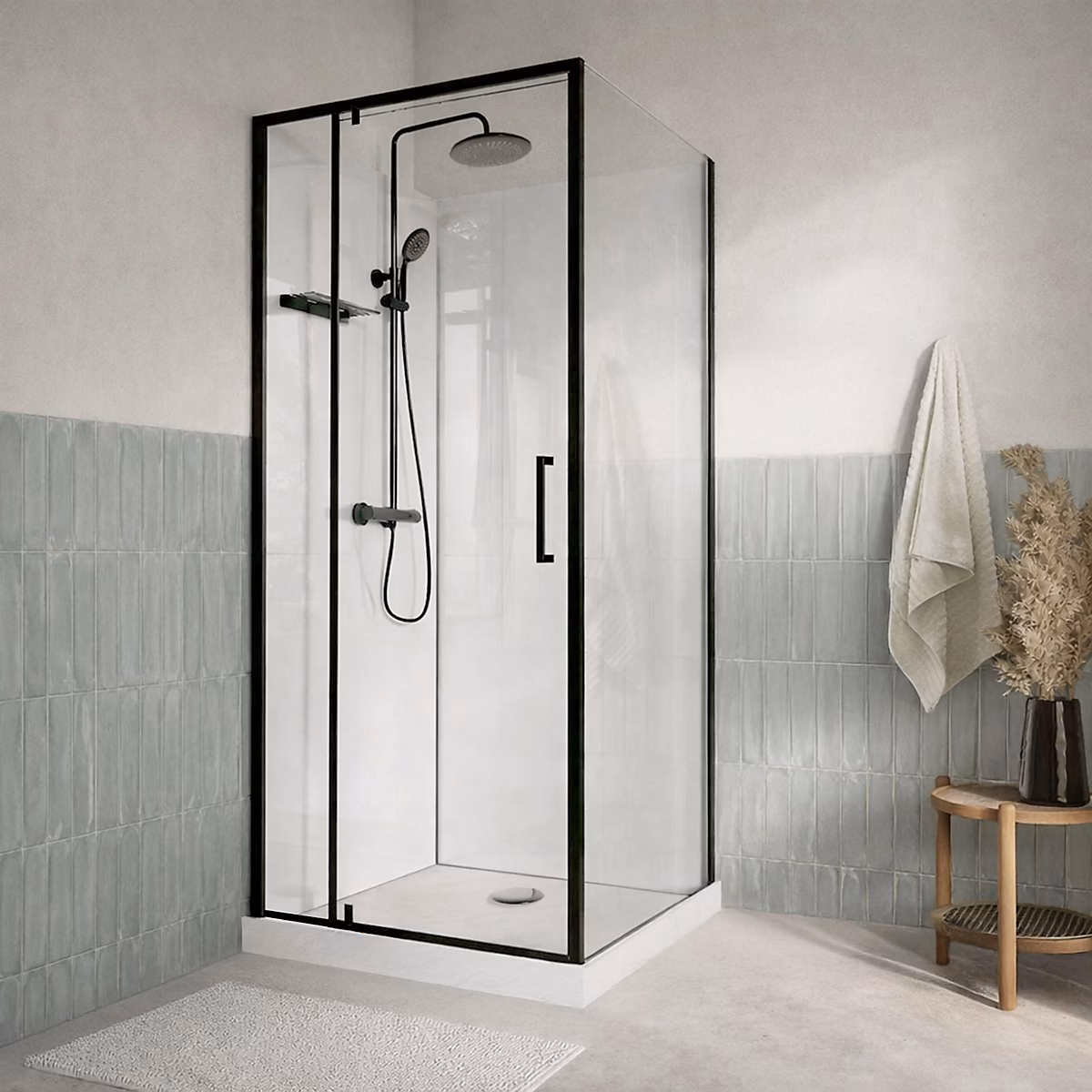 Cabine de Douche Carrée 90x90 – Colonne Thermostatique Noire et Receveur Bas Effet Pierre