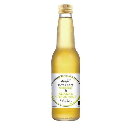 Pour votre confort au jardin:Boisson Extra Soft Ginger ananas citron vert Bio en bouteille de verre Vitamont - 33 cl