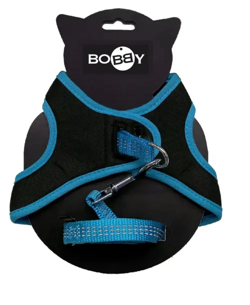 Bien pensé jardin：Ensemble sellerie pour chat coloris bleu pack harnais et laisse Bobby Safe - Taille XS