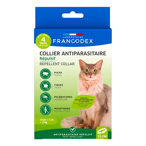 Accessoire extérieur：Collier insectifuge pour chat coloris blanc Francodex - Ø 35 cm