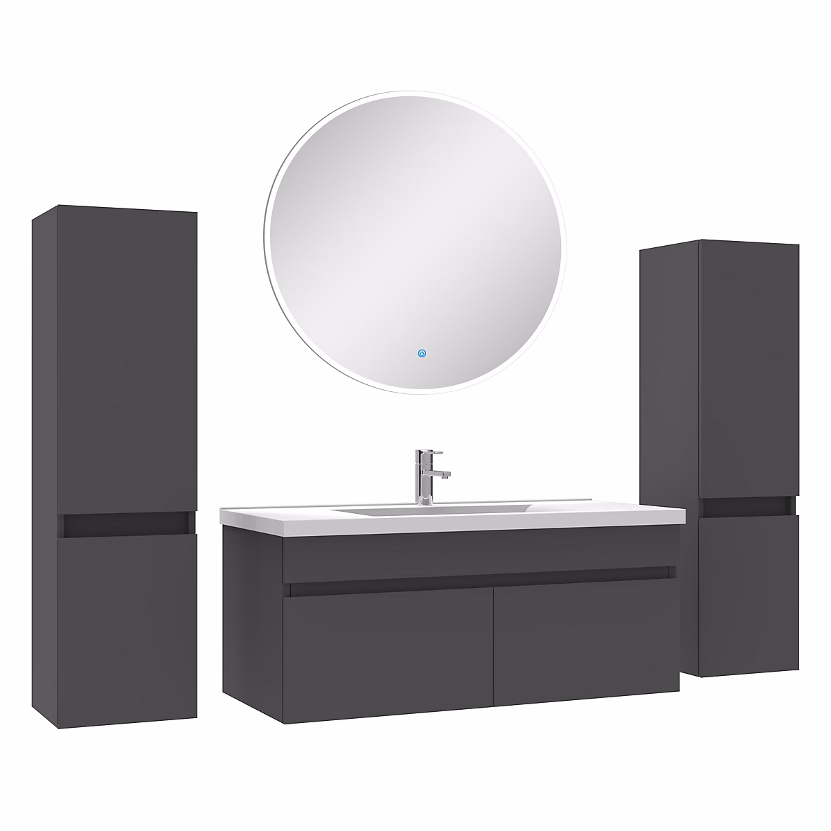 Ensemble meubles Salle de Bain simple vasque 100cm – colonne x2 + miroir rond Anthracite