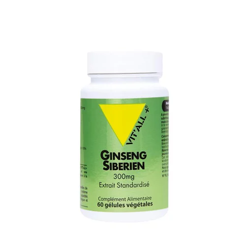 Essentiel extérieur:Extrait standardisé de ginseng sibérien en boite de 300 mg
