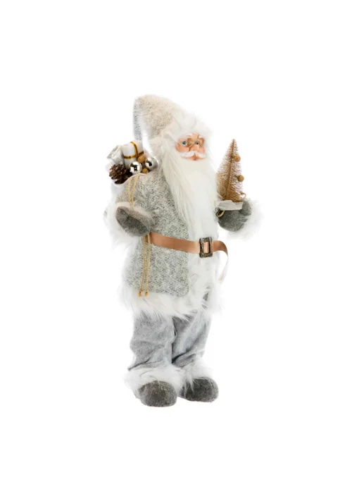 Pour la vie au jardin:Père Noël en tissu gris et blanc avec hotte de cadeaux et sapin - 60 cm