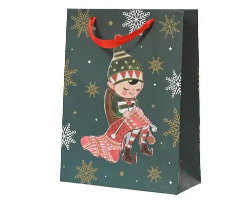 Pensé pour le jardin:Sac cadeau en papier métallisé vert décor elfe petit modèle - 8 x 18 x 24 cm