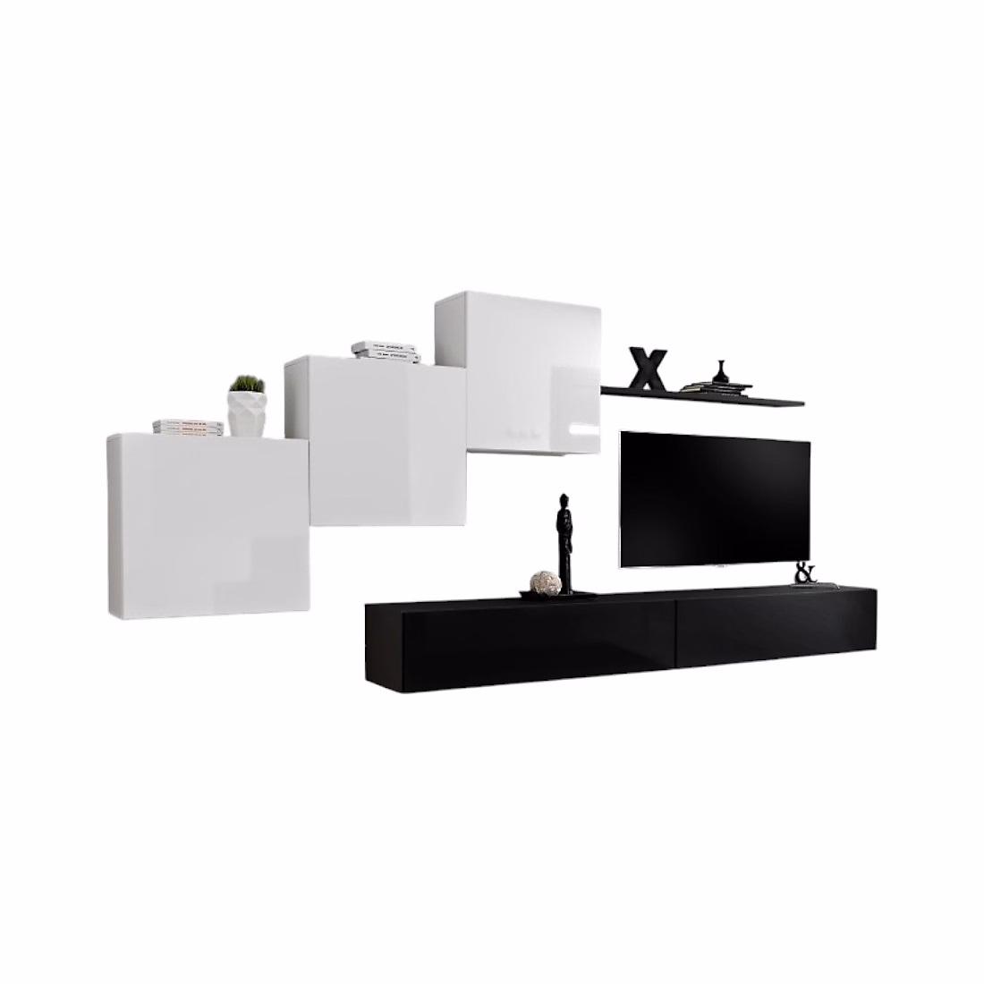 Composition murale SWITCH X Meuble TV mural – cubes suspendus et étagère Noir et blanc brillant Design moderne