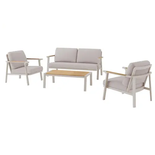 Pour un jardin plus pratique:Salon de jardin en aluminium coloris crème et bois Jade - 4 éléments (canapé, table basse et deux fauteuils)