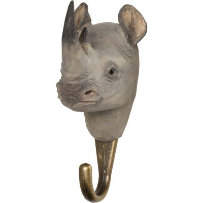 Patère animal en bois sculpté à la main et métal (Rhinocéros)
