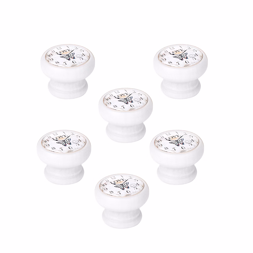 6 Un. bouton poignées de meuble Vintage Retro bois laqué blanc horloge – diamètre 40MM