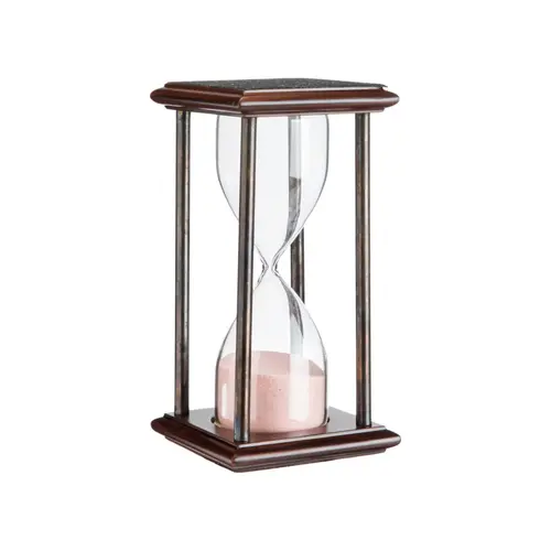 Idéal au jardin:Sablier vintage en verre et bois noir avec sable rose - 7,5 x 7,5 x 15 cm