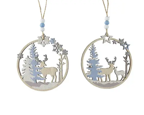 Choix au jardin：Décoration à suspendre ronde avec renne et sapin blanc et bleu - 11 x 0,5 x 12 cm