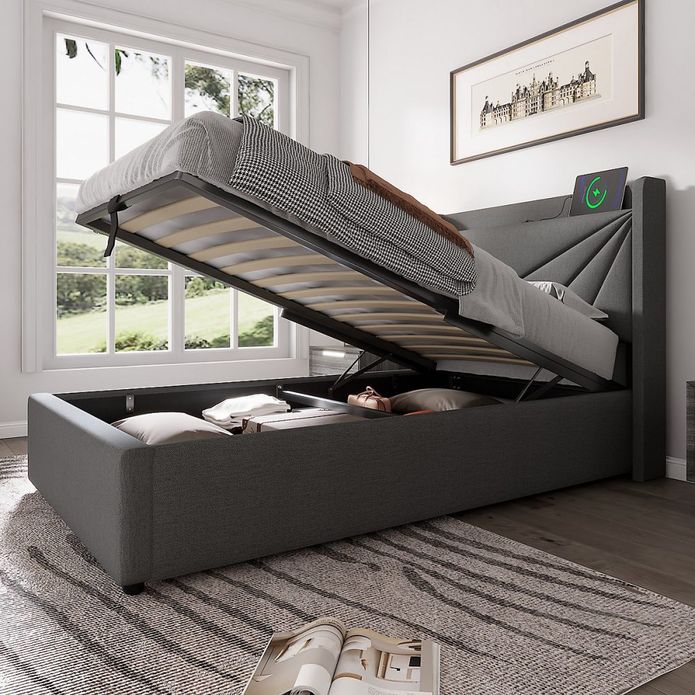 Canapé-lit 90 × 200 cm convertible avec coffre de rangement – tête rembourrée en lin-coton et port USB Type-C intégré